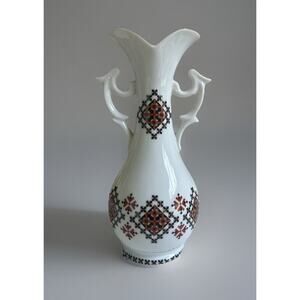 Vintage Ukrainian Art by Marusia Glazed Ceramic Double Handle 8.5” Inch Bud Vase